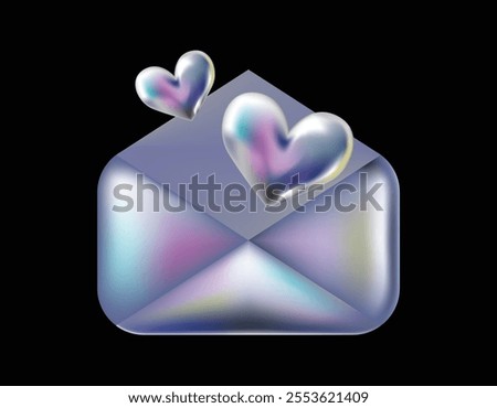 3d holographic retro 90 Message Icon. Chrome Envelope with Hearts Sign isolated on black. Future galaxy aesthetic, 3D chrome bubble art. Metal glossy sticker.