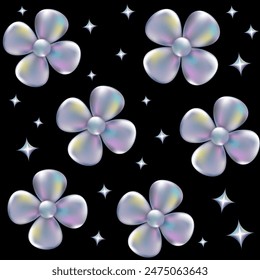 3d holographic retro 90 seamless pattern. Chrome Daisy flowers and stars in Y2K style on black background. Future galaxy aesthetic, 3D chrome bubble art. Metal glossy abstract art.