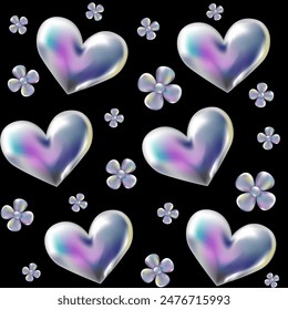 3d holographic retro 90 seamless pattern. Chrome Hearts and Daisy flowers in Y2K style on black background. Future galaxy aesthetic, 3D chrome bubble art. Metal glossy abstract art.