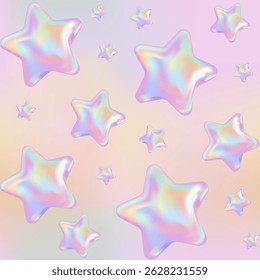 3d holographic retro 90 seamless pattern. Chrome Pink Stars in Y2K style on Pastel Gradient background. Future galaxy aesthetic, 3D chrome bubble art. Metal glossy abstract art.