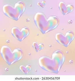 3d holographic retro 90 seamless pattern. Chrome Hearts in Y2K style on Pink, Orange gradient  background. Future galaxy aesthetic, 3D chrome bubble art. Metal glossy abstract art.