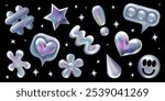 3d holographic retro 90 stickers set. Chrome Heart, Hashtag, Like, Star, Daisy Flowers, Smile in Y2K style isolated on black. Future galaxy aesthetic, 3D chrome bubble art. Metal glossy sticker set.