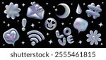 3d holographic retro 90 stickers set. Chrome Envelope, Hashtag, Like, Star, Daisy, Smile, WiFi in Y2K style isolated on black. Future galaxy aesthetic, 3D chrome bubble art. Metal glossy sticker set.