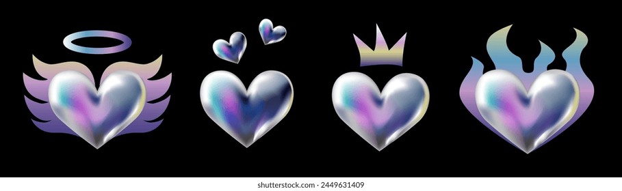 3d holographic retro 90 stickers set. Chrome Hearts in Y2K style with fire flame, angel wings, crown isolated on black. Future galaxy retro aesthetic, 3D chrome bubble art. Metal glossy sticker set.