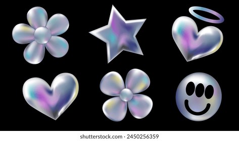 Conjunto de pegatinas holográficas retro 90 3d. Corazones cromados, Estrellas, Flores de margarita, Sonrisa en estilo Y2K aislado en negro. Estética de la galaxia del futuro, arte de la burbuja del cromo 3D.