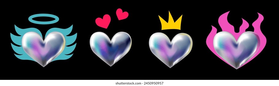 3d holographic retro 90 stickers set. Chrome Hearts in Y2K style with flat fire flame, angel wings, crown isolated on black. Future galaxy aesthetic, 3D chrome bubble art. Metal glossy sticker set.