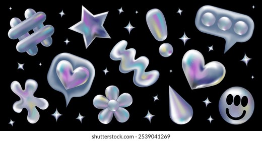 3d holographic retro 90 stickers set. Chrome Heart, Hashtag, Like, Star, Daisy Flowers, Smile in Y2K style isolated on black. Future galaxy aesthetic, 3D chrome bubble art. Metal glossy sticker set.