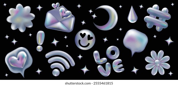 3d holographic retro 90 stickers set. Chrome Envelope, Hashtag, Like, Star, Daisy, Smile, WiFi in Y2K style isolated on black. Future galaxy aesthetic, 3D chrome bubble art. Metal glossy sticker set.