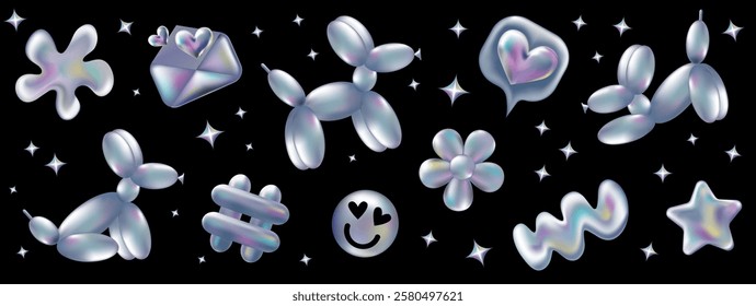 3d holographic retro 90 stickers set. Chrome Ballon Dog, Hashtag, Like, Star, Daisy Flowers, Smile in Y2K style isolated on black. Future galaxy aesthetic, 3D chrome bubble art. Metal glossy art.