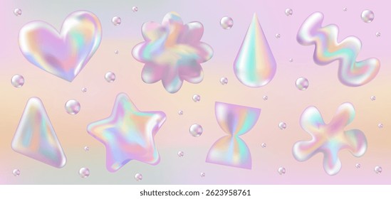 3d holographic retro 90 stickers set. Pink Chrome abstract Shapes in Y2K style on Gradient background. Future galaxy aesthetic, 3D chrome bubble art. Metal glossy sticker set.