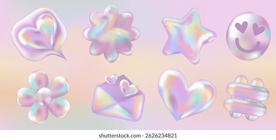 3d holográfico retro 90 adesivos conjunto. Cromo Envelope, Hashtag, Como, Estrela, Daisy Flores, Sorriso, Coração em estilo Y2K no modelo Gradiente. Estética futura, arte bolha 3D. Conjunto de adesivo brilhante metal.