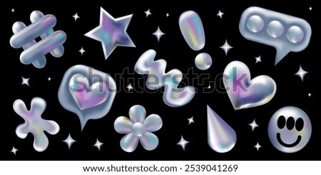 3d holographic retro 90 stickers set. Chrome Heart, Hashtag, Like, Star, Daisy Flowers, Smile in Y2K style isolated on black. Future galaxy aesthetic, 3D chrome bubble art. Metal glossy sticker set.