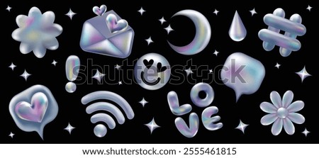 3d holographic retro 90 stickers set. Chrome Envelope, Hashtag, Like, Star, Daisy, Smile, WiFi in Y2K style isolated on black. Future galaxy aesthetic, 3D chrome bubble art. Metal glossy sticker set.