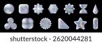 3d holographic retro geometric shape set. Chrome Triangle, Circle, Star and abstract shapes isolated on black. Future galaxy aesthetic, 3D chrome bubble art. Metal glossy sticker set.