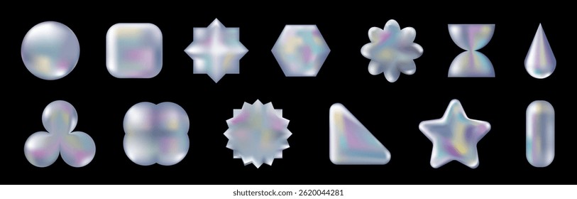 3d holographic retro geometric shape set. Chrome Triangle, Circle, Star and abstract shapes isolated on black. Future galaxy aesthetic, 3D chrome bubble art. Metal glossy sticker set.