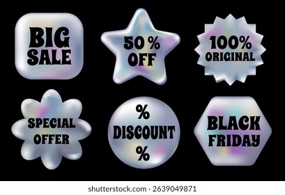 3d holographic Retro stickers set. Gradient Chrome Sale, Black Friday and Discount emblems. Holography labels mockup and metal badges of various shapes. Vector Illustration isolated on Black.