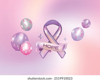 Cinta holográfica 3D en estilo y2k con cinta HOPE y pintura de globos para el mes de concienciación sobre el cáncer de mama. Cinta 3d Diseño de Vector rosa milenio brillante.