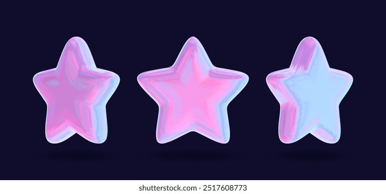 3D holographic stars in pink chrome with geometric shapes, designed for futuristic and tech aesthetics. Metallic renderings of cosmic and celestial symbols.