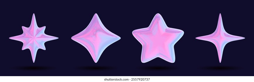 3D holographic stars in pink chrome with geometric shapes, designed for futuristic and tech aesthetics. Metallic renderings of cosmic and celestial symbols.