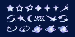 3d Holographic Stars And Planets Set In Y2k, Futuristic Style On Dark Background. Render 3d Cyber Chrome Galaxy Emoji With Falling Star, Planet, Bling, Spark, Moon, Hearts. 3d Vector Y2k Illustration