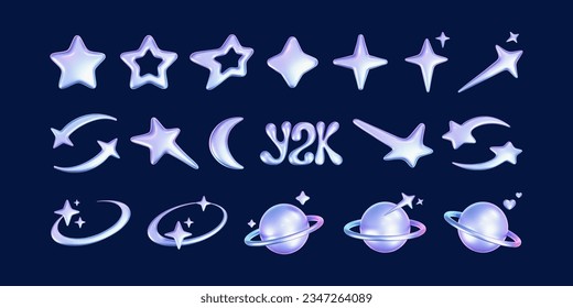 Estrellas y planetas holográficos 3d ambientados en y2k, estilo futurista sobre fondo oscuro. Transformar el emoji de galaxia cibercromo 3d con estrella en caída, planeta, bling, chispa, luna, corazones. Ilustración vectorial y2k