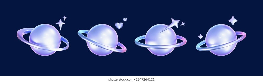 3d holographic stars and planets set in y2k, futuristic style on dark background. Render 3d cyber chrome galaxy emoji with falling star, planet, bling, spark, moon, hearts. 3d vector y2k illustration