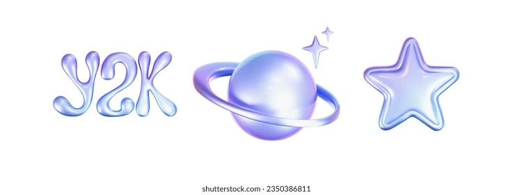 Estrellas y planetas holográficos 3d ambientados en y2k, estilo futurista sobre fondo blanco. Transformar un emoticono de galaxia cibercromo 3d con estrella en caída, planeta, bling, chispas. Ilustración vectorial y2k