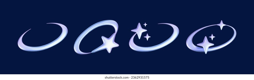 3d holographic stars and planets set in y2k, futuristic style on dark background. Render 3d cyber chrome galaxy emoji with falling star, planet, bling, spark, moon, hearts. 3d vector y2k illustration