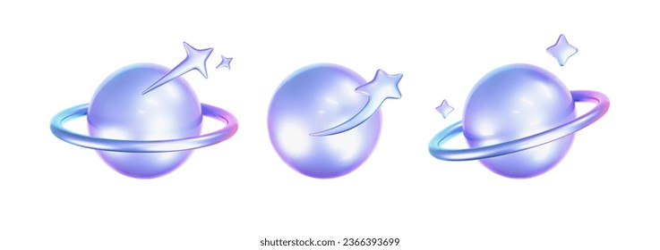 3d holographic stars and planets set in y2k, futuristic style on white background. Render 3d cyber chrome galaxy emoji with falling star, planet, bling, sparks. 3d vector y2k illustration