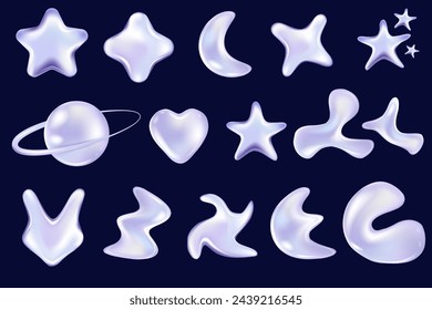 3d holographic stars and planets set in y2k, futuristic style. Holographic hearts in y2k style. Trendy liquid metal elements. Purple glossy abstract shape.