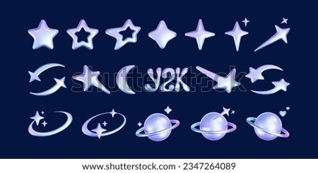 3d holographic stars and planets set in y2k, futuristic style on dark background. Render 3d cyber chrome galaxy emoji with falling star, planet, bling, spark, moon, hearts. 3d vector y2k illustration