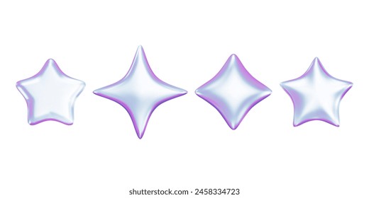 3d holographic stars. Purple chrome geometric y2k shape for futuristic and techno designs. Metallic cosmic and sky symbol render. Vector illustration. Galaxy sticker, metal icon.