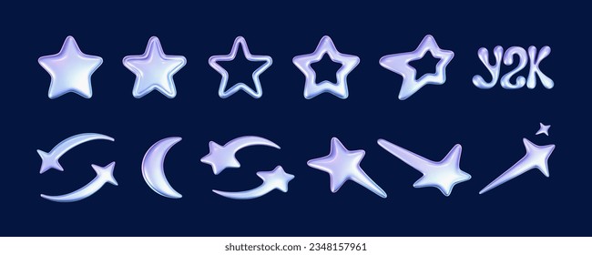 3d holographic stars set in y2k futuristic style isolated on dark background. Render 3d cyber chrome galaxy emoji with falling and flying stars, blings and sparks. 3d vector y2k illustration