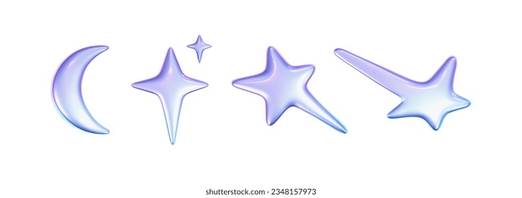 3d holographic stars set in y2k futuristic style isolated on white background. Render 3d cyber chrome galaxy emoji with falling and flying stars, blings, moon and sparks. 3d vector y2k illustration