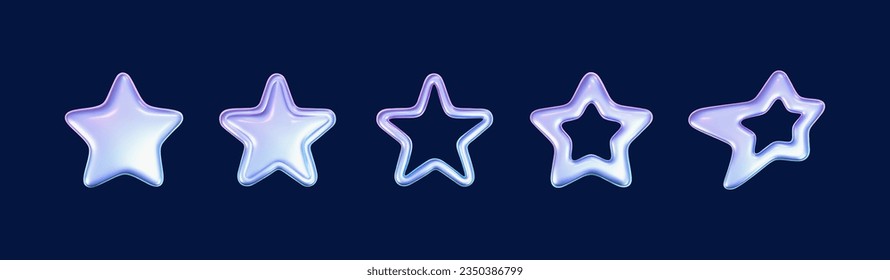 Estrellas holográficas 3d de estilo futurista y2k aisladas en un fondo oscuro. Transformar un emoticono de galaxia cibercromo 3d con estrellas en caída y vuelo, golpes y chispas. Ilustración vectorial y2k