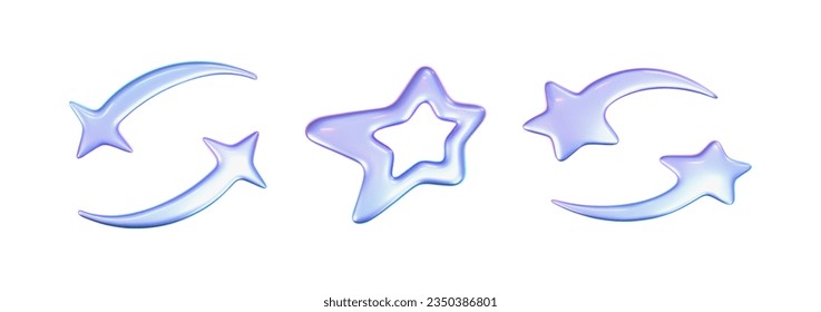 3d holographic stars set in y2k futuristic style isolated on white background. Render 3d cyber chrome galaxy emoji with falling and flying stars, blings and sparks. 3d vector y2k illustration