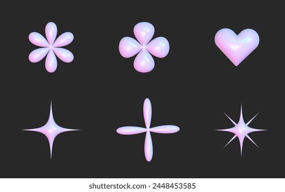 3d holographic y2k elements in modern style. Geometric element - stars, flowers, heart for banners, social media, web. 3d vector y2k illustration. 