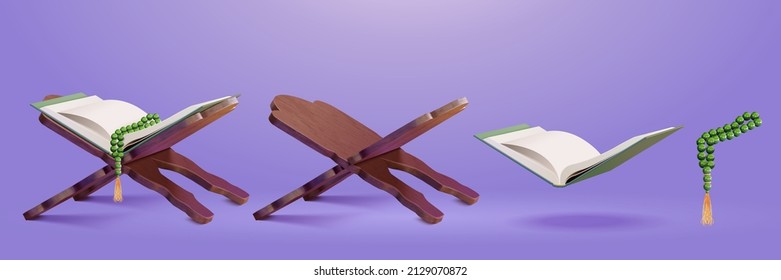 3D Holy Quran or Bible on book holder stand with a rosary isolated on purple background. Religion element for Islamic events or Christian holidays