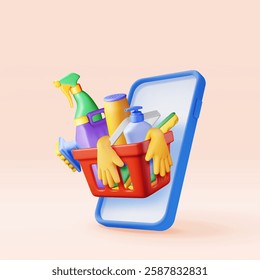 3D home cleaning tools on phone. Render accessories for washing dishes and house cleaning. Bottle of detergent, soap gloves. Cleaning service app. Bucket, brush sponge. Vector illustration