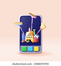 3D home cleaning tools on phone. Render accessories for washing dishes and house cleaning. Mop, bottle of detergent, soap, gloves. Cleaning service app. Bucket, brush sponge. Vector illustration