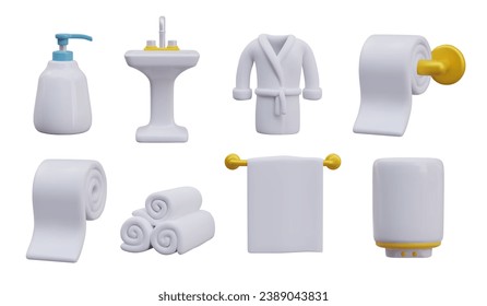 3d home concept. Elements for bathroom, bathrobe, towels, toilet paper, towel rolls. Washstand for water procedures. Boiler for water heating. Vector illustration in 3d style
