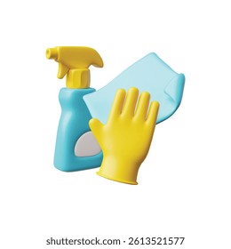 3D home and office cleaning tools. Render collection of cleaning accessories and housekeeping equipment. Detergent spray, gloves and rag. Realistic vector illustration blue and yellow design