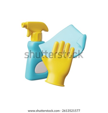3D home and office cleaning tools. Render collection of cleaning accessories and housekeeping equipment. Detergent spray, gloves and rag. Realistic vector illustration blue and yellow design