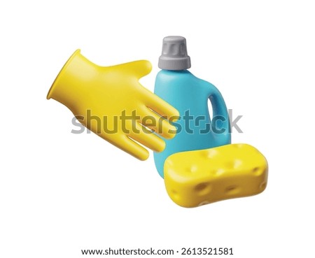 3D home and office cleaning tools. Render collection of cleaning accessories and housekeeping equipment. Detergent, gloves and sponge. Realistic vector illustration blue and yellow design
