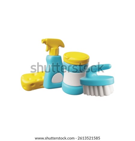 3D home and office cleaning tools. Render collection of cleaning accessories and housekeeping equipment. Detergent, sponge, spray and brush. Realistic composition vector illustration