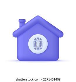 Seguridad de hogar 3D aislada en fondo blanco. Casa con icono de huella digital. Escaneo de huellas digitales. El concepto de autorización biométrica y seguridad empresarial. Se puede usar para muchos fines.