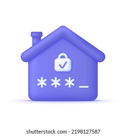 Seguridad de hogar 3D aislada en fondo blanco. Icono de contraseña. Bloqueo de la casa de seguridad. Hogar inteligente. Se puede usar para muchos fines. Vector moderno y de moda en estilo 3d.