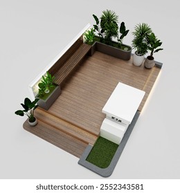 3D design de quintal para área de descanso e jardim com design de fundo branco