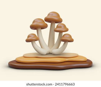 3D honey agarics in cartoon style. Group of colored mushrooms. Vector composition for autumn design. Isolated illustration of honey fungus. Armillaria