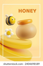 3D honey concept poster with bee, jar and flower. Elements render. Vector illustration design with text.